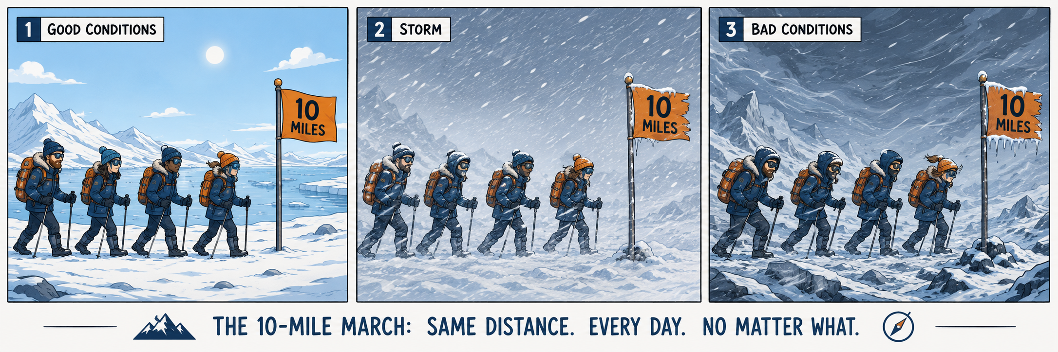 Cartoon: 10-mile march expedition metaphor for Fanatic Discipline
