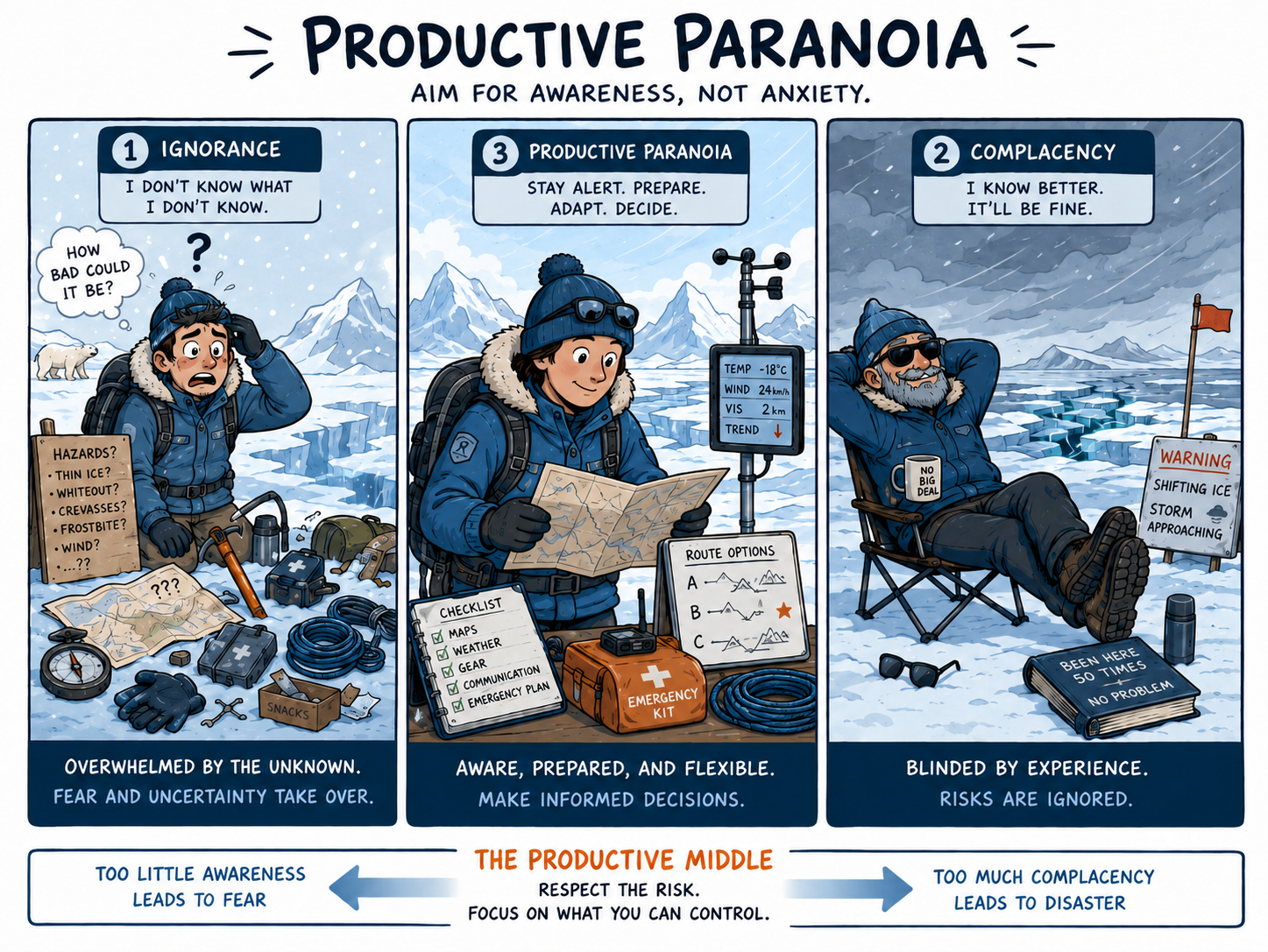 Cartoon: prepared vigilance expedition metaphor for Productive Paranoia