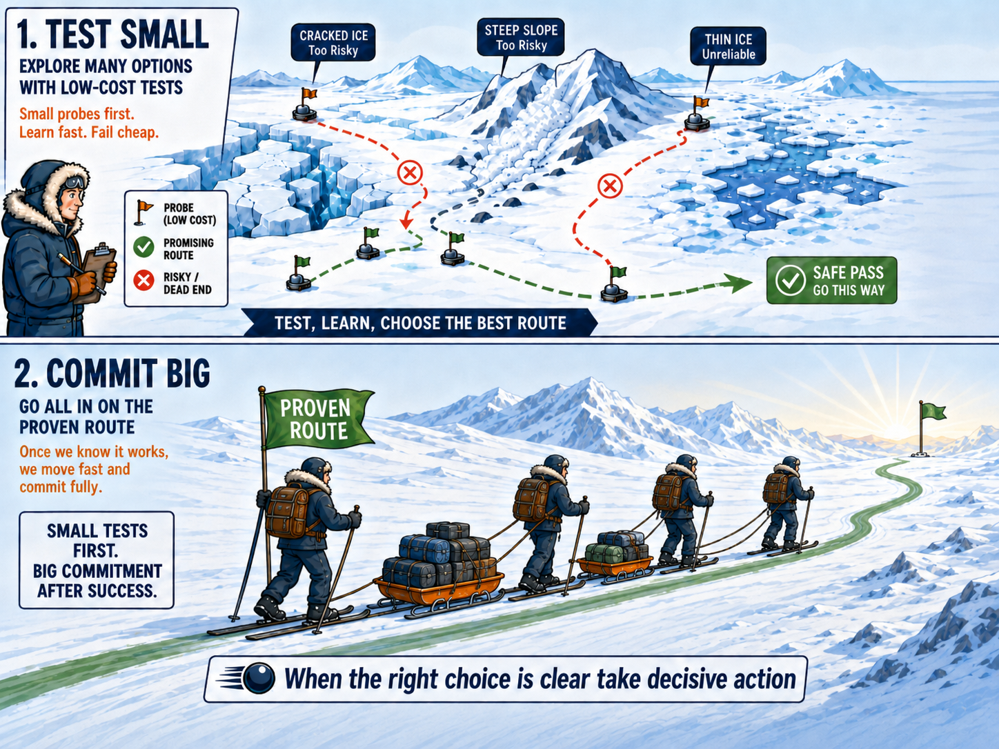 Cartoon: route-testing expedition metaphor for Test and Scale